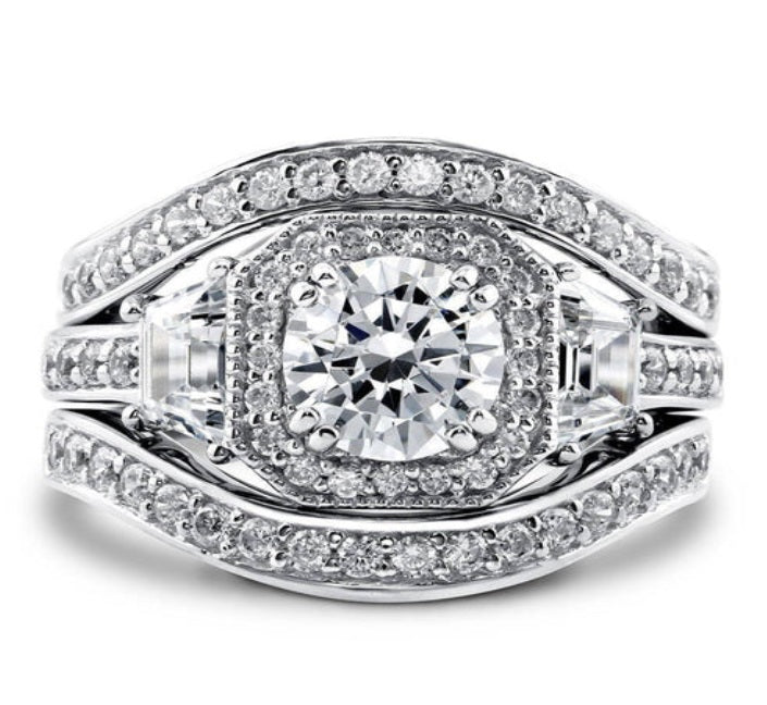 Halo Art Deco Round CZ Ring Set in Sterling Silver