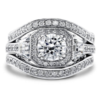 Halo Art Deco Round CZ Ring Set in Sterling Silver