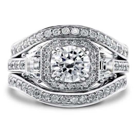 Halo Art Deco Round CZ Ring Set in Sterling Silver