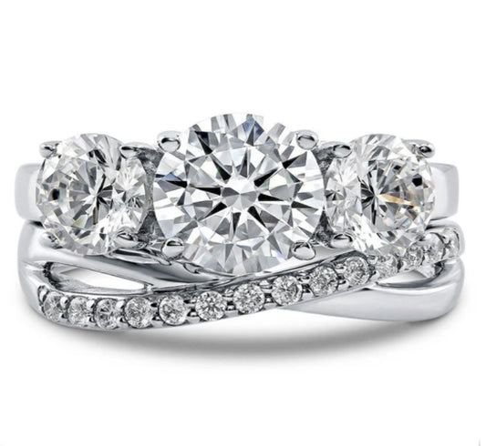 3-Stone Criss Cross Round CZ Ring Set in Sterling Silver