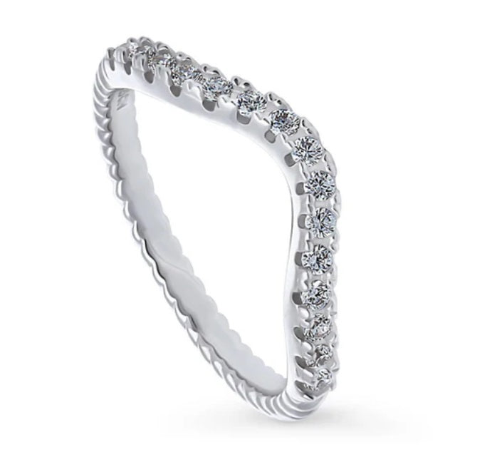 Woven Wishbone Pave Set CZ Curved Half Eternity Ring in Sterling Silver
