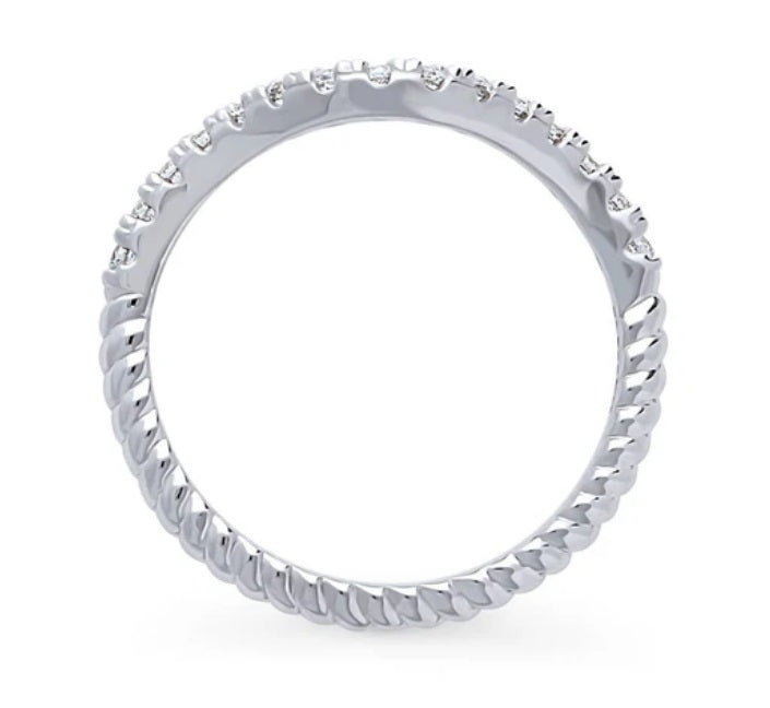 Woven Wishbone Pave Set CZ Curved Half Eternity Ring in Sterling Silver