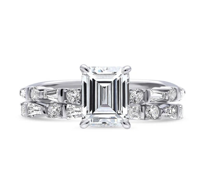 Solitaire 1.7ct Step Emerald Cut CZ Ring Set in Sterling Silver