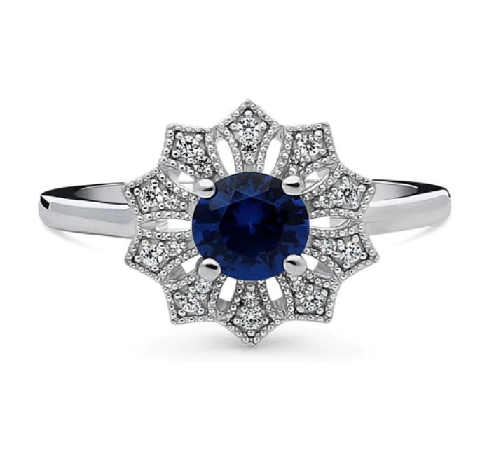 Flower Halo Blue CZ Ring in Sterling Silver