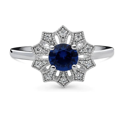 Flower Halo Blue CZ Ring in Sterling Silver