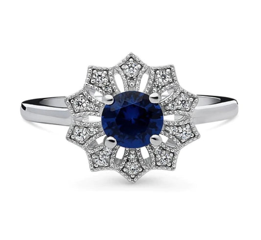 Flower Halo Blue CZ Ring in Sterling Silver