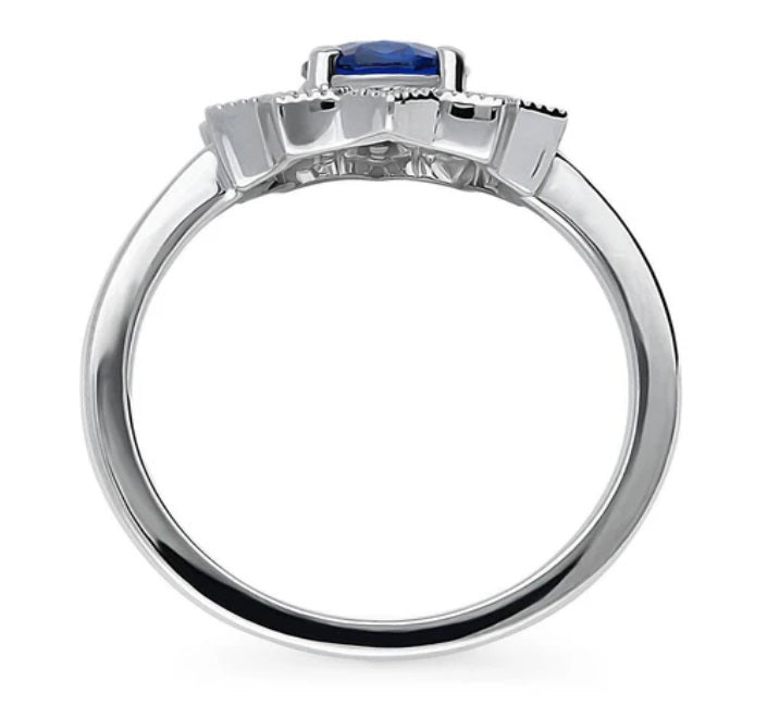 Flower Halo Blue CZ Ring in Sterling Silver