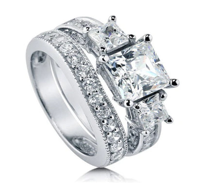 3-Stone Princess CZ Ring Set in Sterling Silver