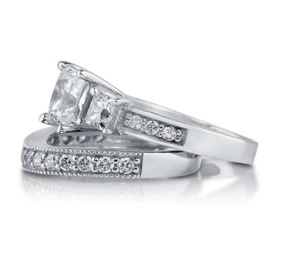 3-Stone Princess CZ Ring Set in Sterling Silver