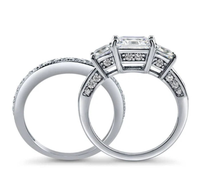 3-Stone Princess CZ Ring Set in Sterling Silver