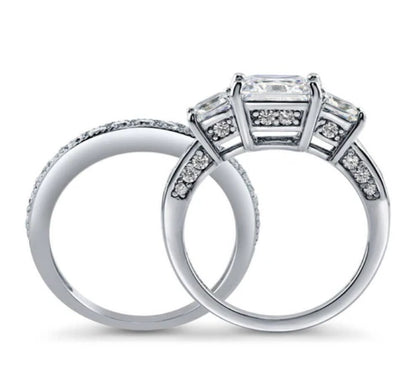 3-Stone Princess CZ Ring Set in Sterling Silver