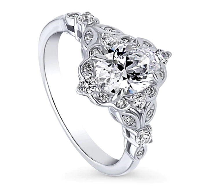 Halo Art Deco Oval CZ Ring in Sterling Silver