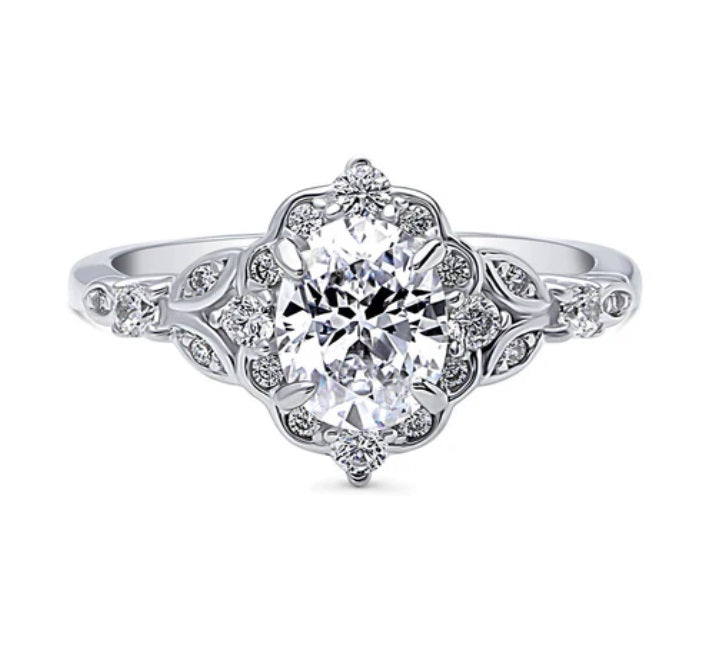 Halo Art Deco Oval CZ Ring in Sterling Silver