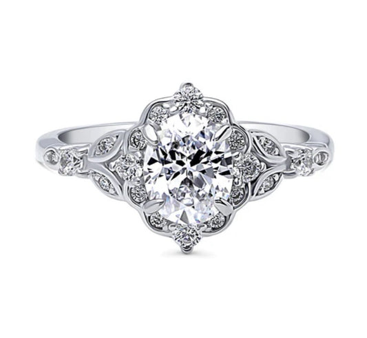 Halo Art Deco Oval CZ Ring in Sterling Silver