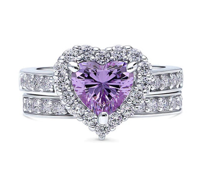 Halo Heart Purple CZ Statement Ring Set in Sterling Silver