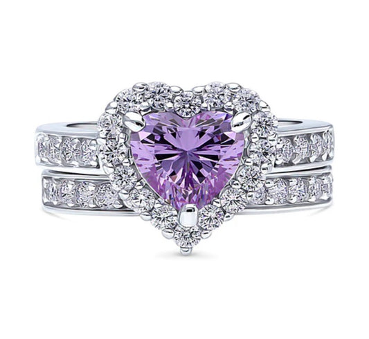 Halo Heart Purple CZ Statement Ring Set in Sterling Silver