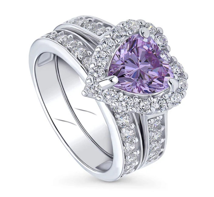 Halo Heart Purple CZ Statement Ring Set in Sterling Silver