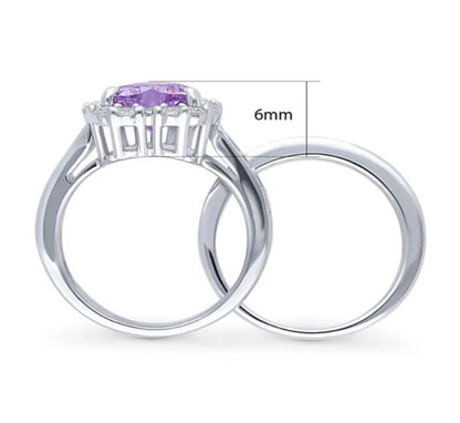 Halo Heart Purple CZ Statement Ring Set in Sterling Silver