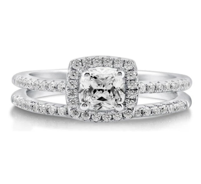 Halo Cushion CZ Ring Set in Sterling Silver