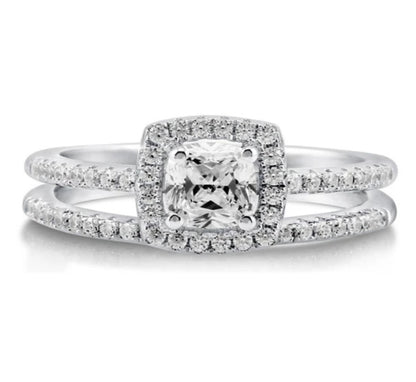 Halo Cushion CZ Ring Set in Sterling Silver