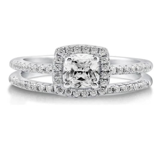 Halo Cushion CZ Ring Set in Sterling Silver