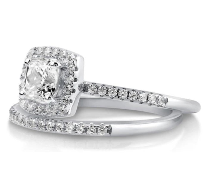 Halo Cushion CZ Ring Set in Sterling Silver