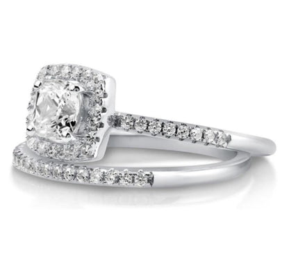 Halo Cushion CZ Ring Set in Sterling Silver