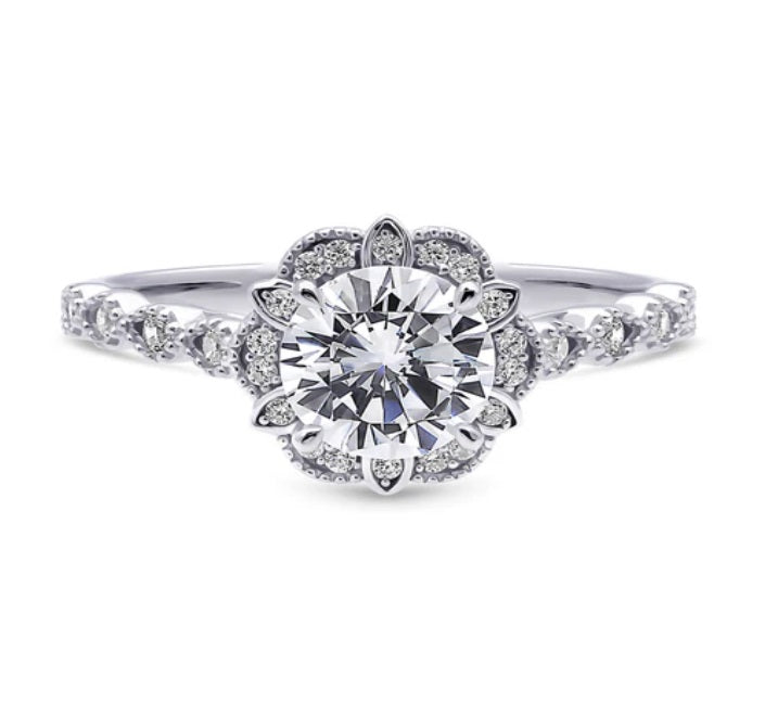 Halo Flower Round CZ Ring in Sterling Silver