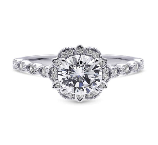 Halo Flower Round CZ Ring in Sterling Silver