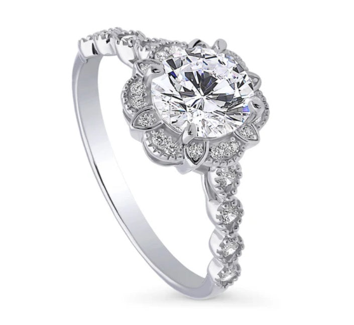 Halo Flower Round CZ Ring in Sterling Silver