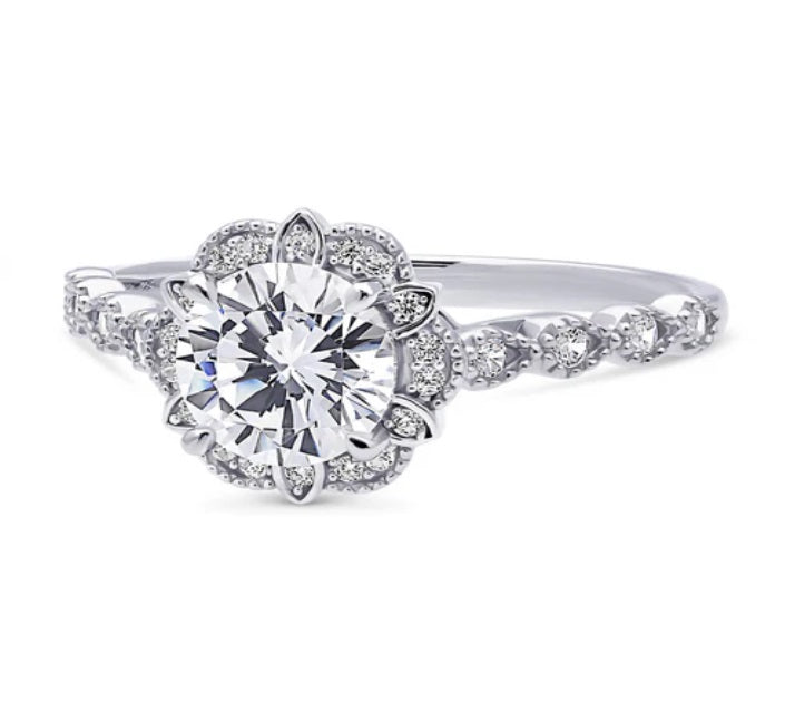 Halo Flower Round CZ Ring in Sterling Silver