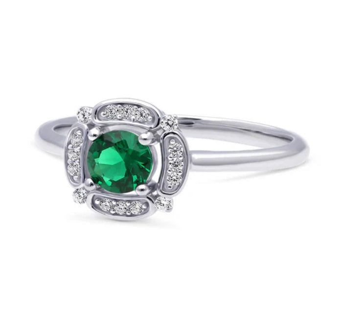 Halo Flower Green Round CZ Ring in Sterling Silver