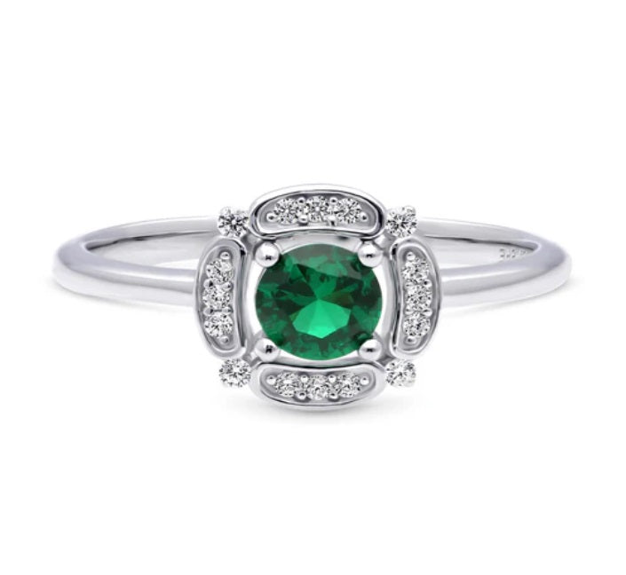 Halo Flower Green Round CZ Ring in Sterling Silver