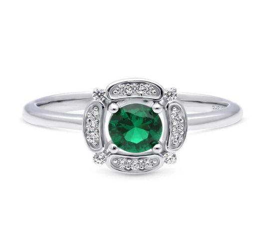 Halo Flower Green Round CZ Ring in Sterling Silver