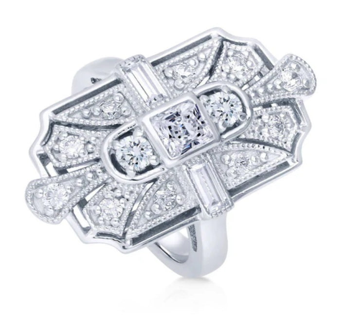 Art Deco Milgrain CZ Statement Ring in Sterling Silver