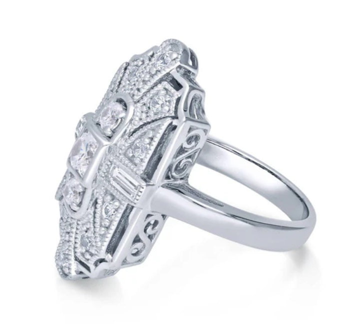 Art Deco Milgrain CZ Statement Ring in Sterling Silver