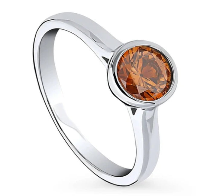 Solitaire Caramel Bezel Set Round CZ Ring in Sterling Silver 0.8ct
