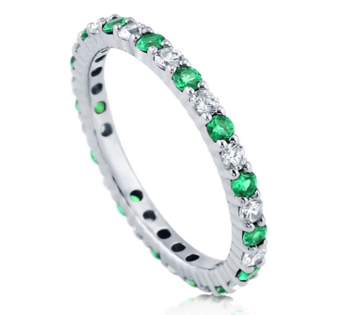 Simulated Emerald Pave Set CZ Eternity Ring in Sterling Silver