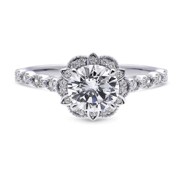 Halo Flower Round CZ Ring in Sterling Silver