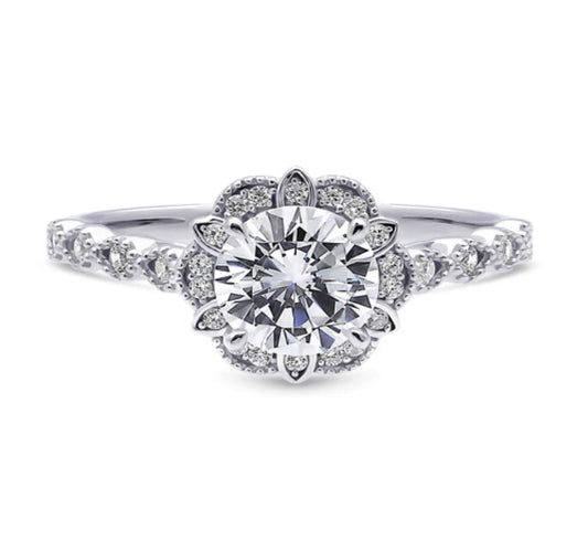 Halo Flower Round CZ Ring in Sterling Silver