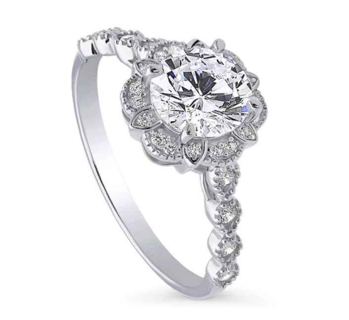 Halo Flower Round CZ Ring in Sterling Silver