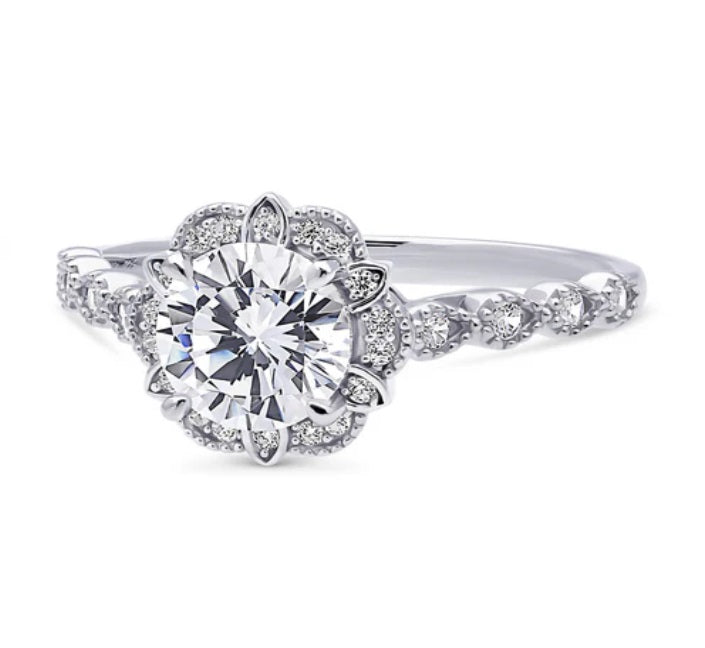 Halo Flower Round CZ Ring in Sterling Silver