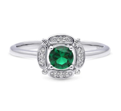 Halo Flower Green Round CZ Ring in Sterling Silver
