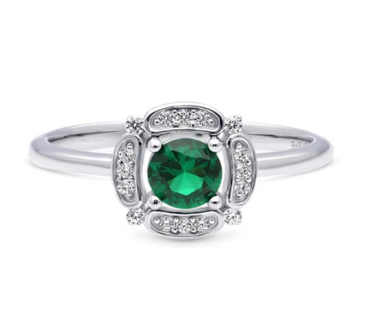 Halo Flower Green Round CZ Ring in Sterling Silver