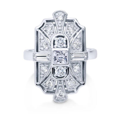Art Deco Milgrain CZ Statement Ring in Sterling Silver
