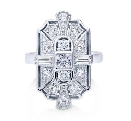 Art Deco Milgrain CZ Statement Ring in Sterling Silver