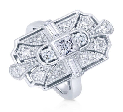 Art Deco Milgrain CZ Statement Ring in Sterling Silver