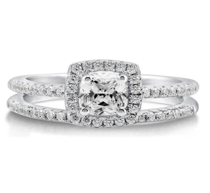 Halo Cushion CZ Ring Set in Sterling Silver