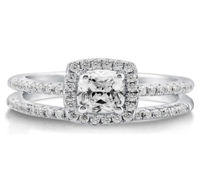 Halo Cushion CZ Ring Set in Sterling Silver