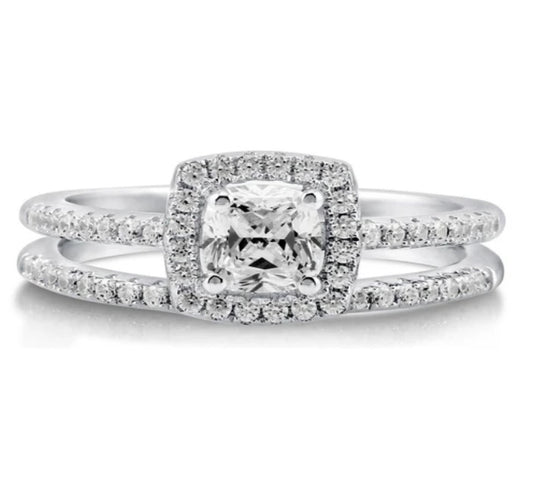 Halo Cushion CZ Ring Set in Sterling Silver